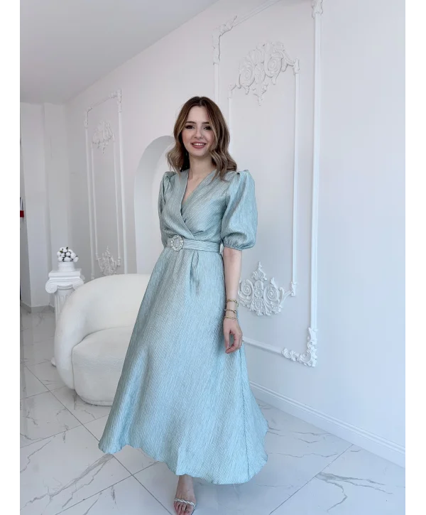 Mint Işıltılı Kemerli Kruvaze Elbise