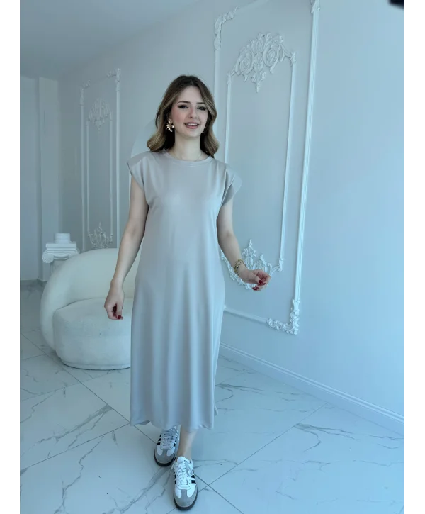 Modal Kumaş Vatkalı Maxi Boy Bej Elbise