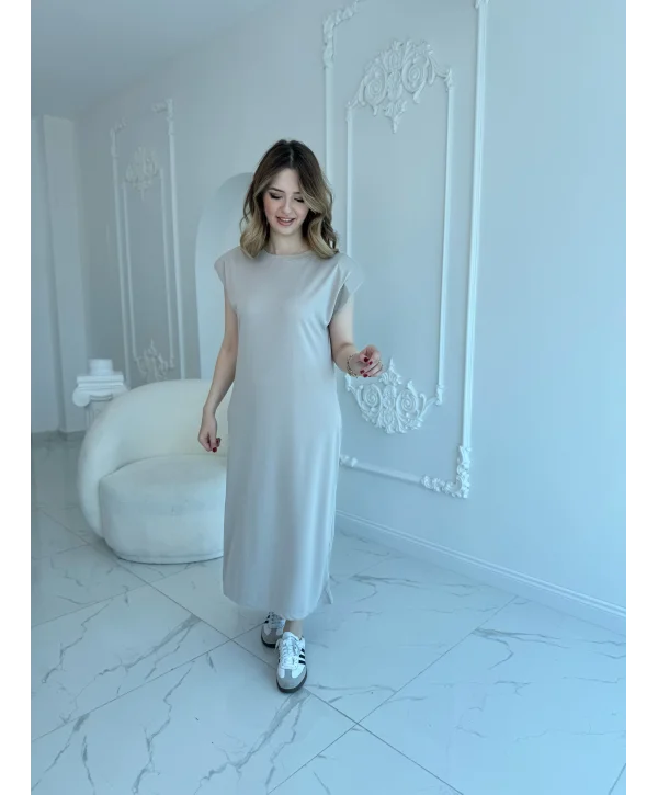 Modal Kumaş Vatkalı Maxi Boy Bej Elbise