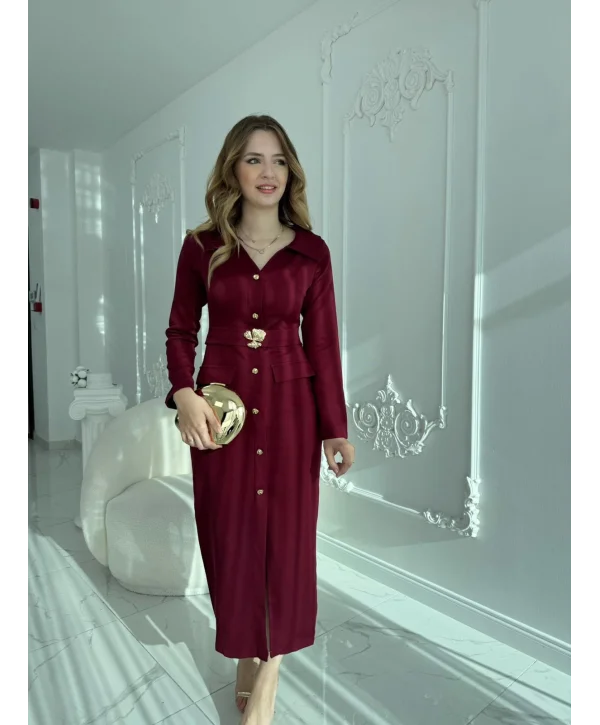Modern Tasarım Altın Düğme Detaylı Kemerli Bordo Elbise