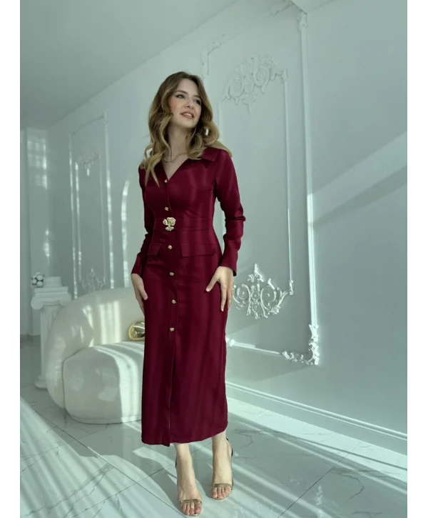 Modern Tasarım Altın Düğme Detaylı Kemerli Bordo Elbise