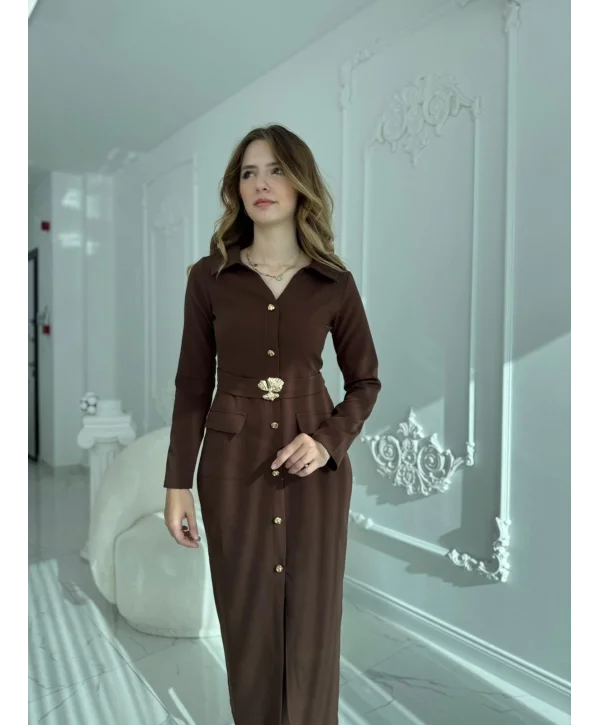 Modern Tasarım Altın Düğme Detaylı Kemerli Kahve Elbise