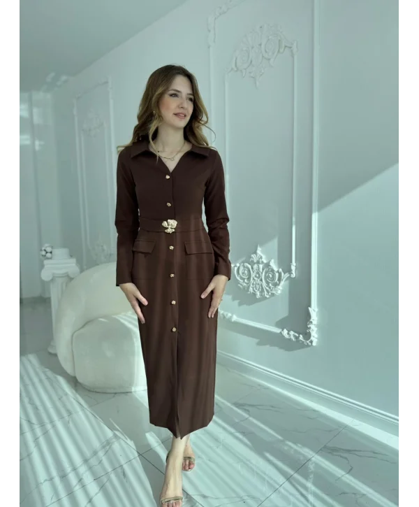 Modern Tasarım Altın Düğme Detaylı Kemerli Kahve Elbise