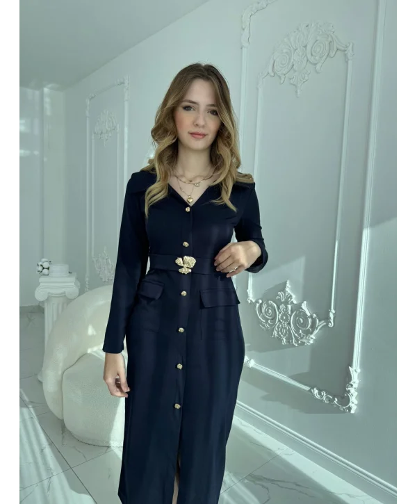 Modern Tasarım Altın Düğme Detaylı Kemerli Lacivert Elbise
