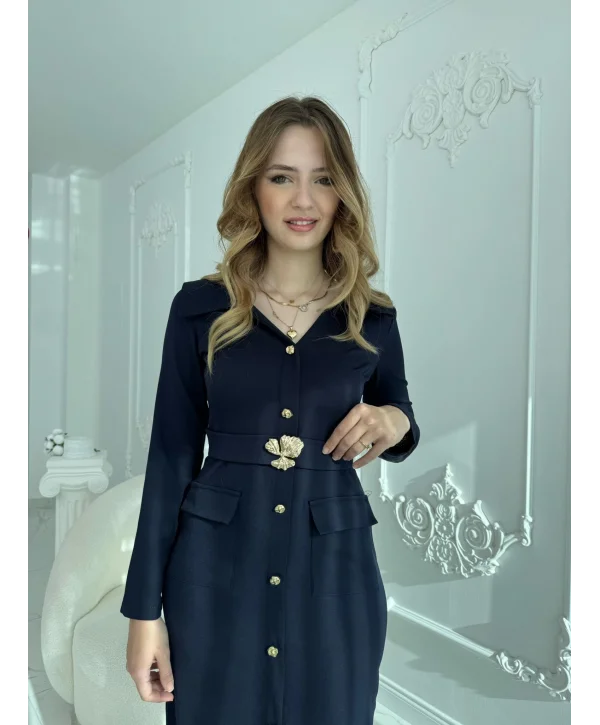 Modern Tasarım Altın Düğme Detaylı Kemerli Lacivert Elbise