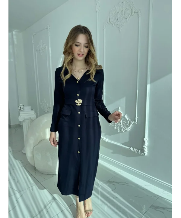 Modern Tasarım Altın Düğme Detaylı Kemerli Lacivert Elbise