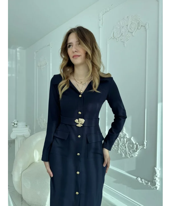 Modern Tasarım Altın Düğme Detaylı Kemerli Lacivert Elbise