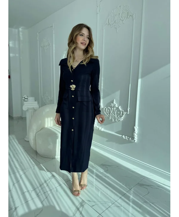 Modern Tasarım Altın Düğme Detaylı Kemerli Lacivert Elbise