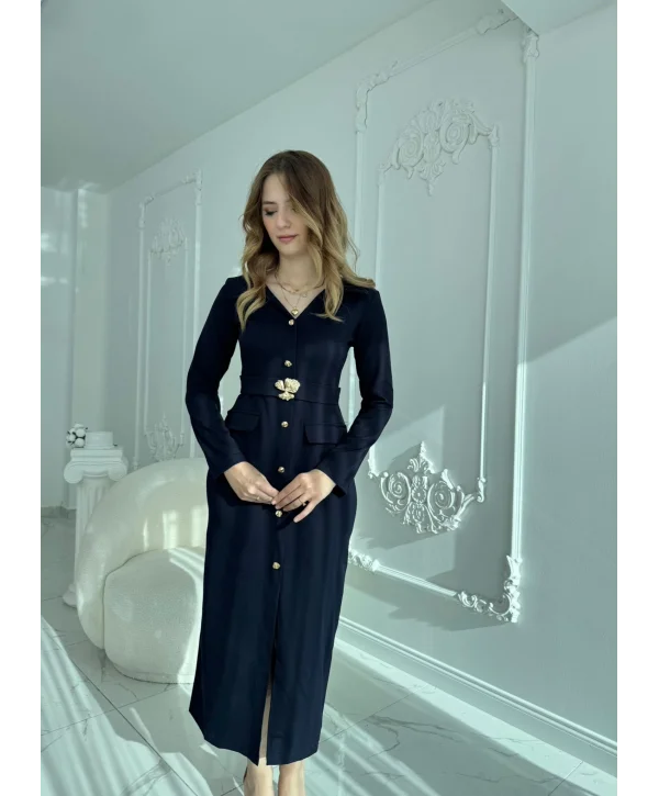Modern Tasarım Altın Düğme Detaylı Kemerli Lacivert Elbise