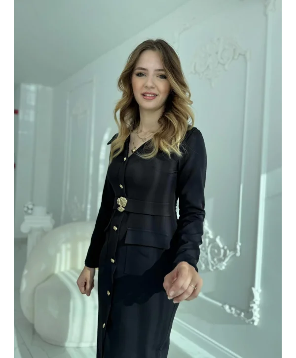 Modern Tasarım Altın Düğme Detaylı Kemerli Siyah Elbise