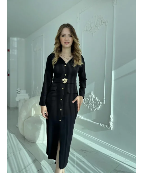 Modern Tasarım Altın Düğme Detaylı Kemerli Siyah Elbise