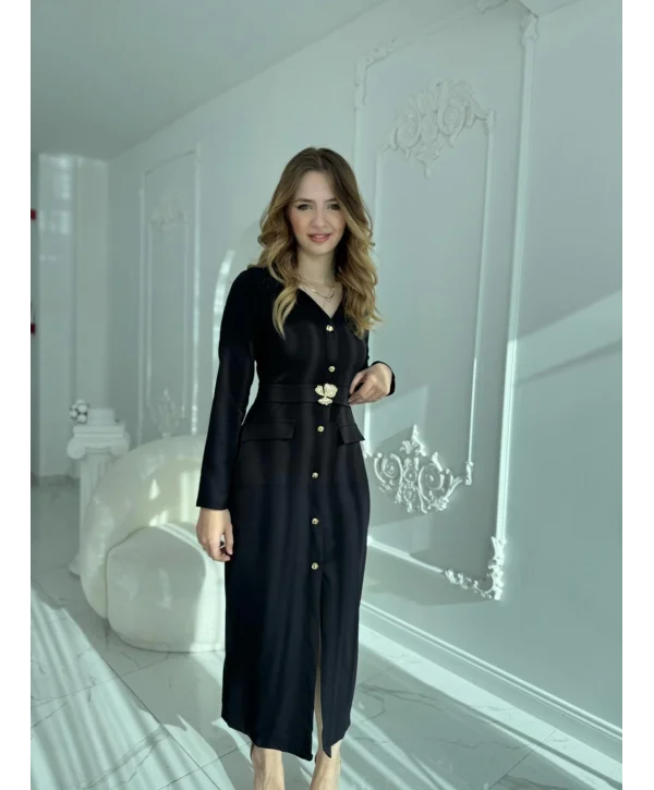 Modern Tasarım Altın Düğme Detaylı Kemerli Siyah Elbise