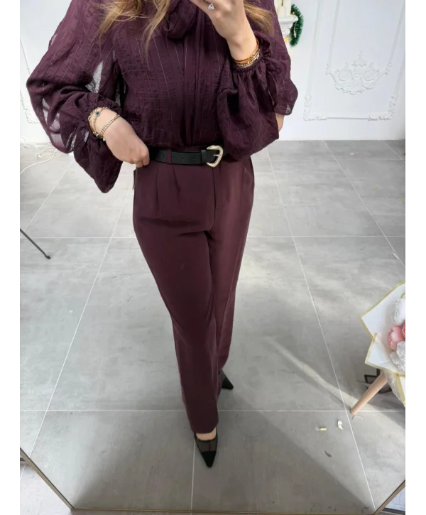 Mürdüm Çift Pileli Kemerli Kumaş Pantolon