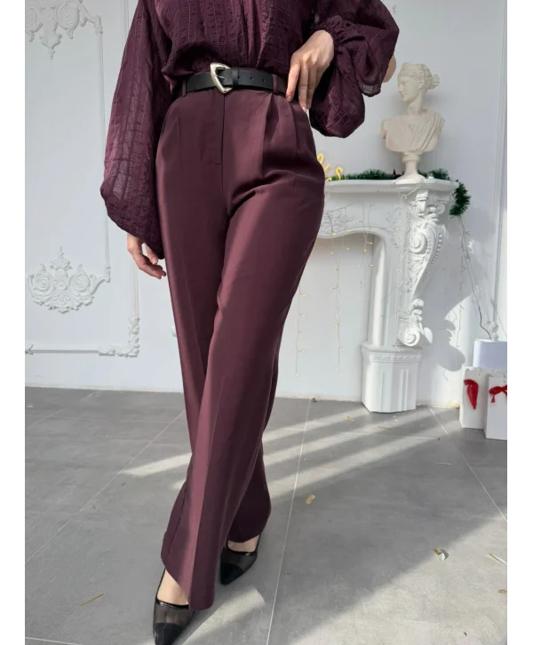 Mürdüm Çift Pileli Kemerli Kumaş Pantolon