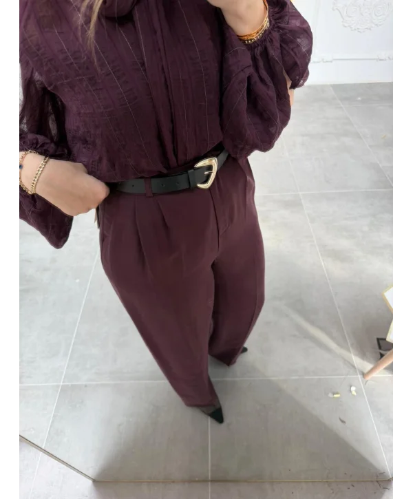 Mürdüm Çift Pileli Kemerli Kumaş Pantolon