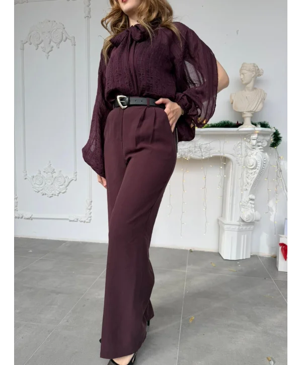 Mürdüm Çift Pileli Kemerli Kumaş Pantolon