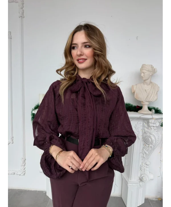 Mürdüm Fular Yaka Çizgili Balon Kol Tasarım Bluz