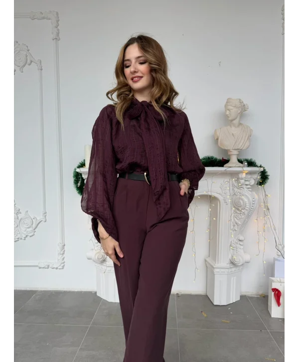 Mürdüm Fular Yaka Çizgili Balon Kol Tasarım Bluz