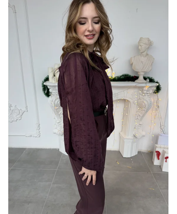 Mürdüm Fular Yaka Çizgili Balon Kol Tasarım Bluz