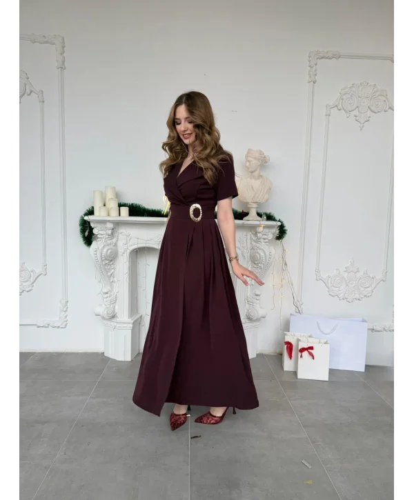 Mürdüm Kruvaze Yaka Kemerli Maxi Boy Davet Elbisesi