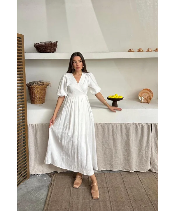 Müslin Kumaş Kuşaklı Uzun Beyaz Elbise