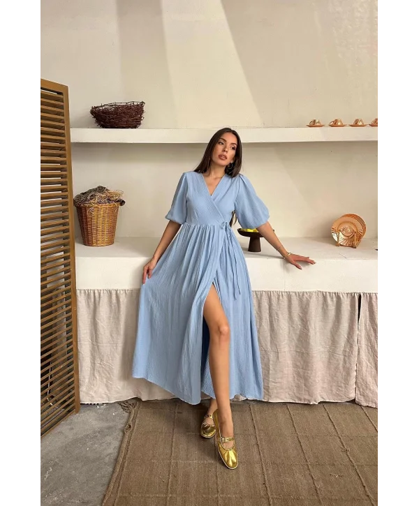 Müslin Kumaş Kuşaklı Uzun Mavi Elbise