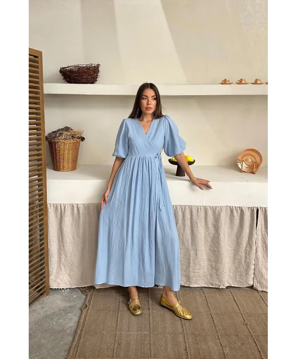 Müslin Kumaş Kuşaklı Uzun Mavi Elbise