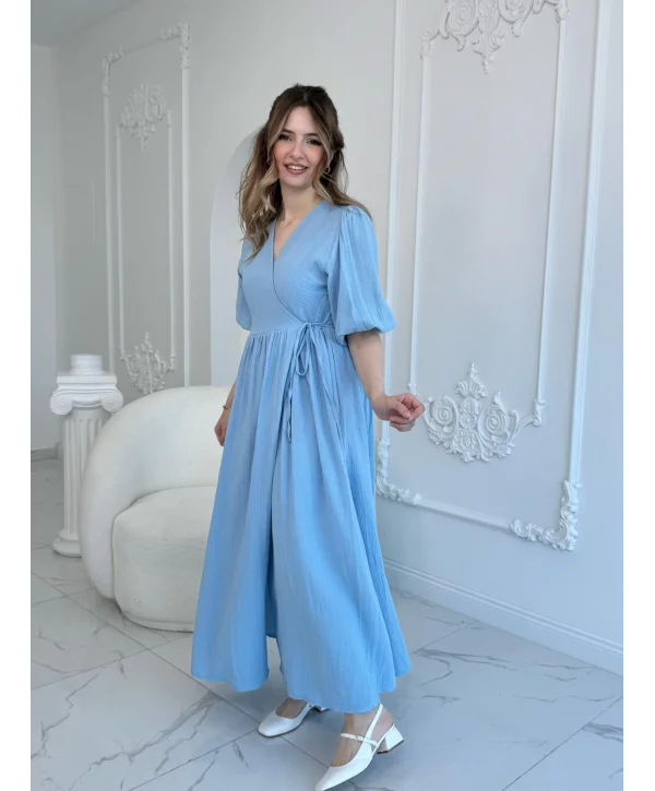 Müslin Kumaş Kuşaklı Uzun Mavi Elbise
