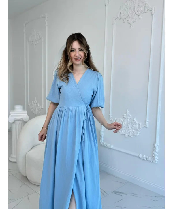 Müslin Kumaş Kuşaklı Uzun Mavi Elbise