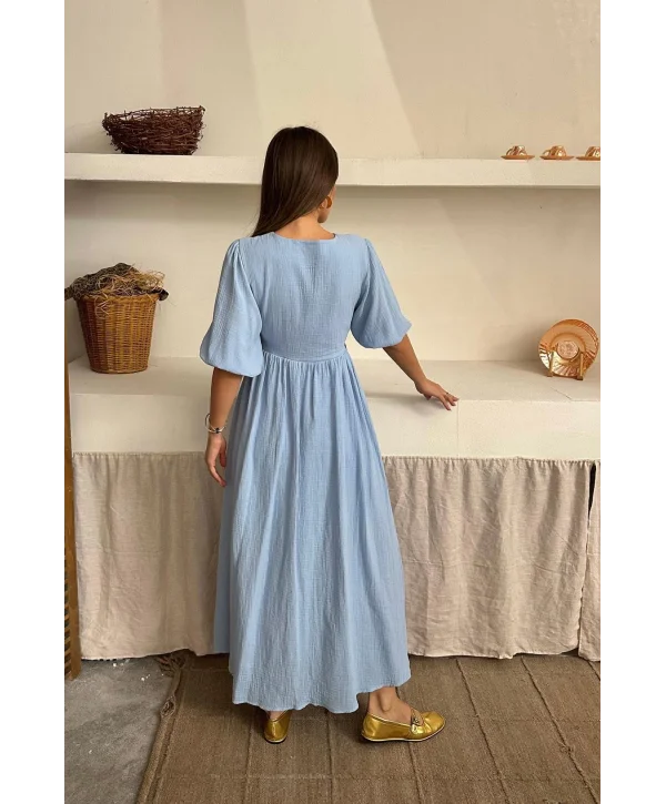 Müslin Kumaş Kuşaklı Uzun Mavi Elbise