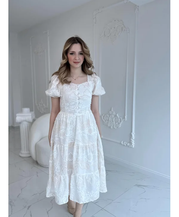 Nakış İşlemeli Ekru Fisto Elbise