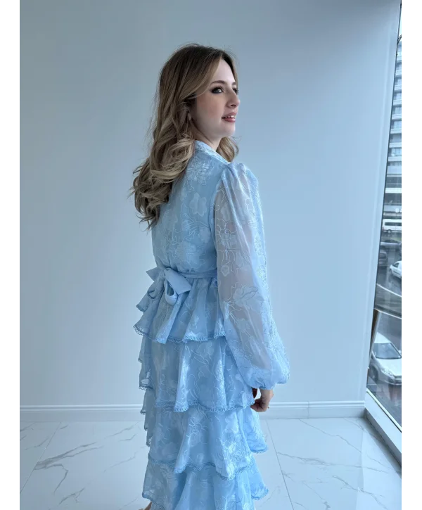 Nakış İşlemeli Kat Kat Volanlı Bebe Mavi Elbise