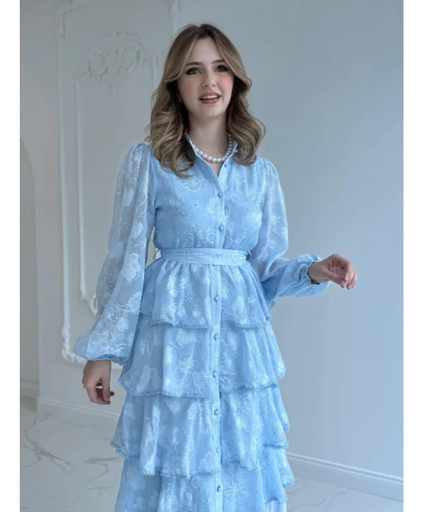 Nakış İşlemeli Kat Kat Volanlı Bebe Mavi Elbise