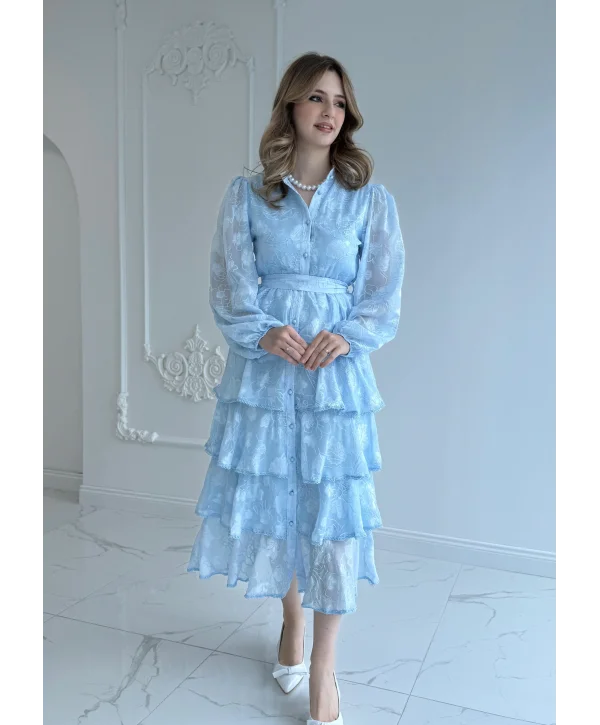 Nakış İşlemeli Kat Kat Volanlı Bebe Mavi Elbise