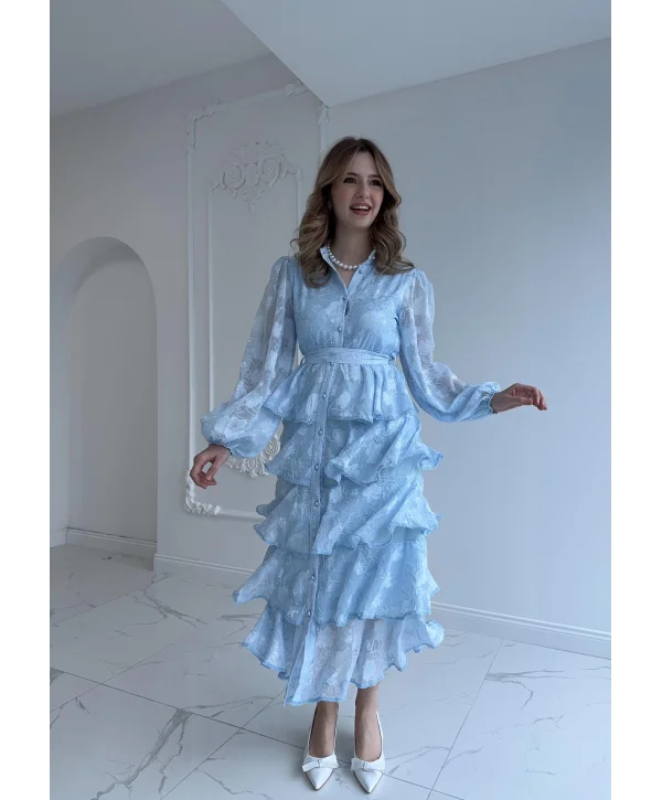 Nakış İşlemeli Kat Kat Volanlı Bebe Mavi Elbise