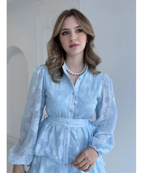 Nakış İşlemeli Kat Kat Volanlı Bebe Mavi Elbise