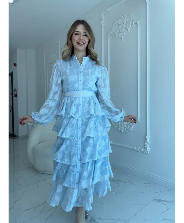 Nakış İşlemeli Şeritli Kat Kat Volanlı Bebe Mavi Elbise