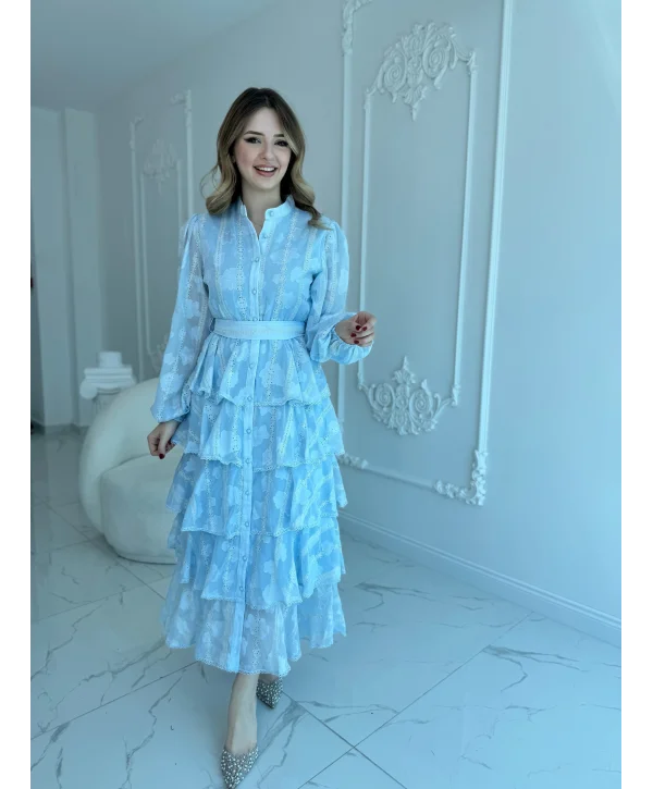 Nakış İşlemeli Şeritli Kat Kat Volanlı Bebe Mavi Elbise