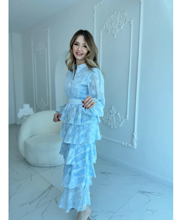 Nakış İşlemeli Şeritli Kat Kat Volanlı Bebe Mavi Elbise