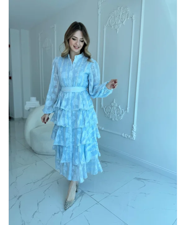 Nakış İşlemeli Şeritli Kat Kat Volanlı Bebe Mavi Elbise