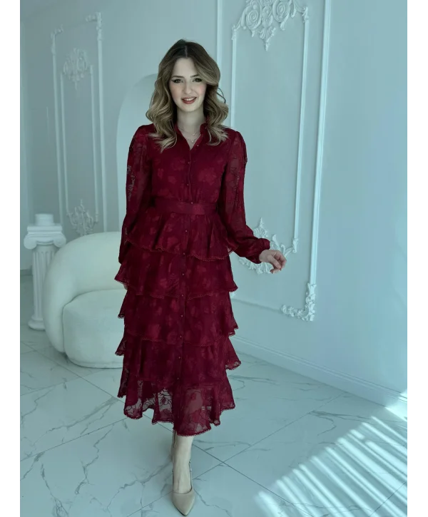 Nakış İşlemeli Kat Kat Volanlı Bordo Elbise