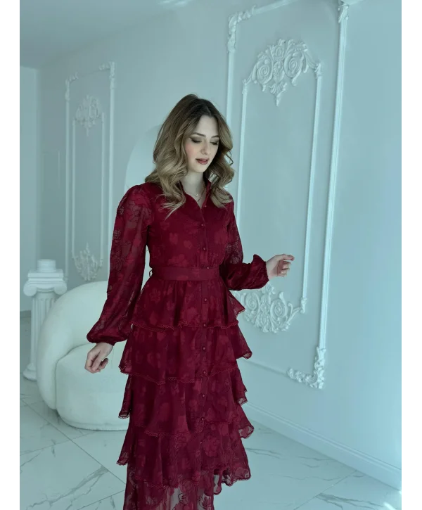 Nakış İşlemeli Kat Kat Volanlı Bordo Elbise