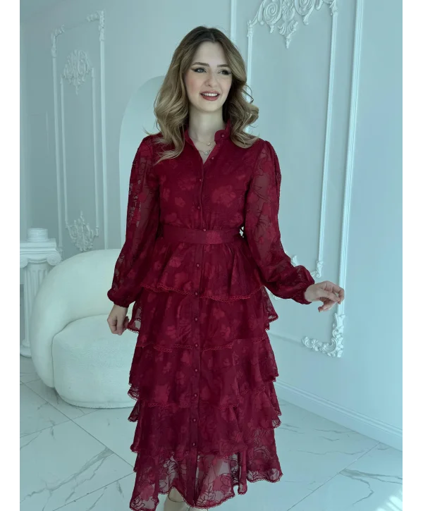 Nakış İşlemeli Kat Kat Volanlı Bordo Elbise