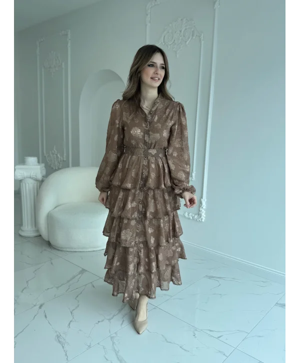 Nakış İşlemeli Kat Kat Volanlı Kahve Elbise