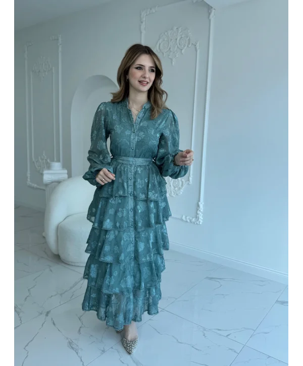 Nakış İşlemeli Kat Kat Volanlı Mint Elbise