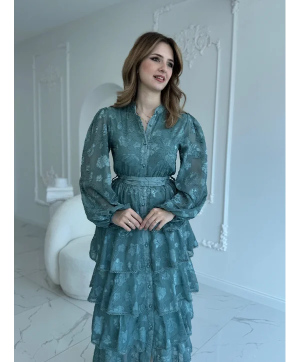 Nakış İşlemeli Kat Kat Volanlı Mint Elbise