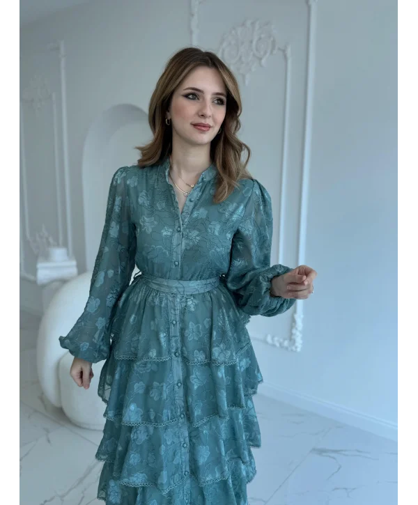 Nakış İşlemeli Kat Kat Volanlı Mint Elbise