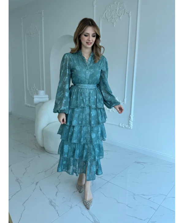 Nakış İşlemeli Kat Kat Volanlı Mint Elbise