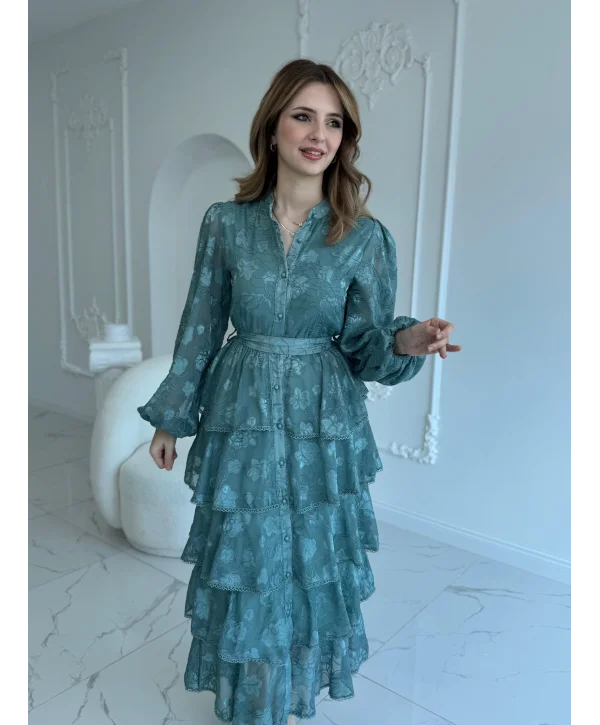 Nakış İşlemeli Kat Kat Volanlı Mint Elbise