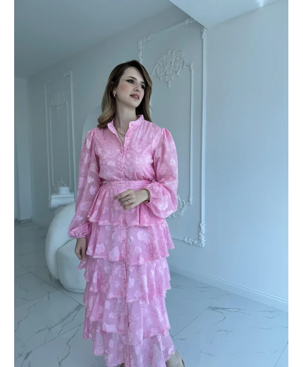 Nakış İşlemeli Kat Kat Volanlı Pembe Elbise